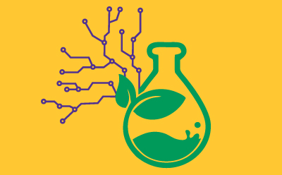 ElectroGreen® Solvents Illustration of a green laboratory flask containing leaves, combined with circuit-board lines, on a yellow background.