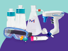 Assortment of laboratory essentials, including reagent bottles, a glass flask, safety goggles, a pipette controller, and pipette tips, arranged against a teal and purple background.