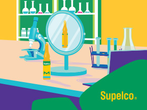 Illustration of a laboratory scene with microscopes, glassware, chemical bottles, and a magnifying glass, with “Supelco” branding in the lower-right corner.