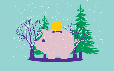Piggy bank with yellow coin and sunglasses in summer landscape. Palm trees and parasol in the background.
