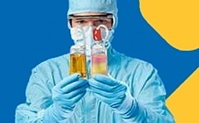Scientist in PPE looking at bottles A person in personal protective equipment (PPE) is holding two test tubes, one containing a yellow liquid and the other containing a pink liquid. The background is a vibrant blue with a yellow abstract shape, creating a striking contrast with the figure and the test tubes.