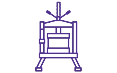A purple line drawing of a traditional printing press, depicting quikscale® scalable family of columns