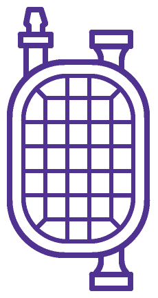 Illustration en violet d'une bouteille de gaz contenant en son centre un motif en forme de grille, avec deux vannes en haut et une base plate. Illustration en violet d'une bouteille de gaz contenant en son centre un motif en forme de grille, avec deux vannes en haut et une base plate.