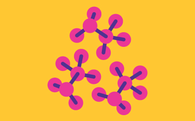 There are three separate structures made of blue circles connected by lines, resembling molecular models. Each structure consists of multiple circles interconnected in a non-linear fashion, giving an impression of complexity and diversity. The blue color is uniform across all the structures and their connecting lines.