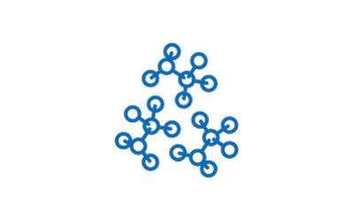There are three separate structures made of blue circles connected by lines, resembling molecular models. Each structure consists of multiple circles interconnected in a non-linear fashion, giving an impression of complexity and diversity. The blue color is uniform across all the structures and their connecting lines.