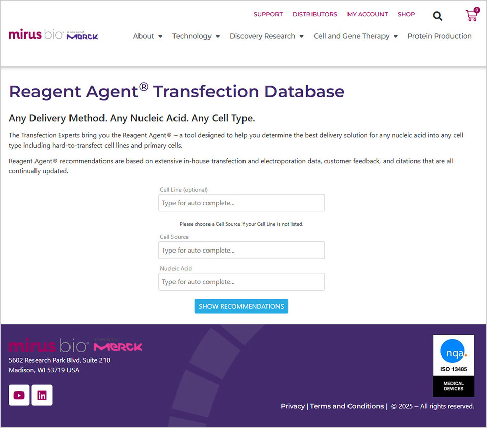 Reagent Agent® Transfection Database Capture d'écran de la page Web de la base de données de transfection Mirus Bio® Reagent Agent®