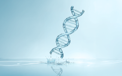 DNA double helix Illustration of a DNA double helix with the outline highlighted in red and the cross ladder in blue, sitting on a sequencing document showing nucleotide bases represented by letters ‘ATCG’