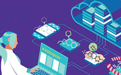 AIDDISON AI-Powered Drug Discovery Software Stylized scientist using a laptop labeled “AIDDISON,” connected to molecular structures, data servers, and genomic graphics.