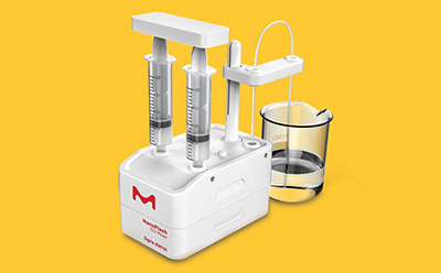 NanoFabTx™ Microfluidic Device for Nanoparticle Formulation Stylized white laboratory dispenser with three syringes and a glass beaker on a bright yellow background.