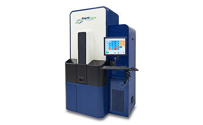 The Growth Direct® System, an automated microbial quality control platform by Rapid Micro Biosystems, featuring a user-friendly touchscreen interface and non-destructive testing capabilities.