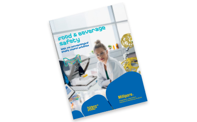 Microbial Safety Brochure A brochure titled 'Rapid & Beverage Safety' featuring a woman in a lab coat working at a laboratory bench, surrounded by scientific equipment and colorful models.