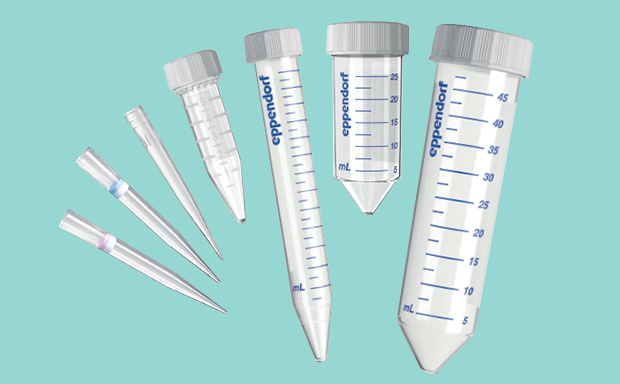 Eppendorf® Consumables BioBased Product photograph of plastic pipette tips and tubes of different sizes