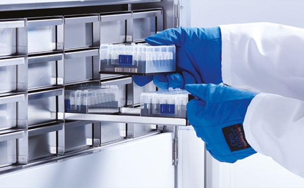 Eppendorf® Ultra Low Temperature Freezer Photograph of a scientist’s gloved hands removing a box from a lab freezer