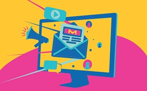 Biopharma Newsletter Promo Image Computer monitor displaying an open envelope with a newsletter, surrounded by a megaphone, play button, and colorful icons against a bright yellow and pink background.
