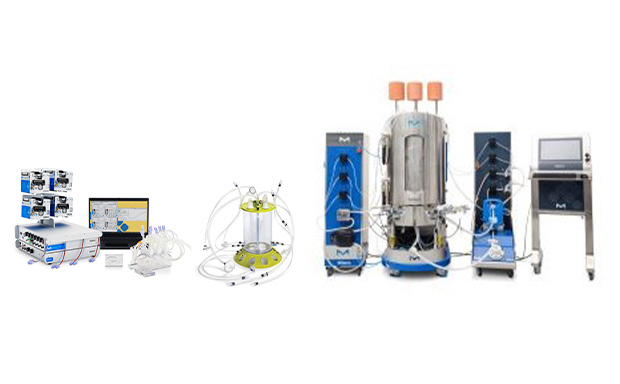 三个生物处理 Mobius<sup>®</sup> 一次性生物反应器。左侧为 Mobius® Breez 微型生物反应器，中间为 Mobius® 3 L 一次性生物反应器，右侧为 Mobius® iFlex 生物反应器。