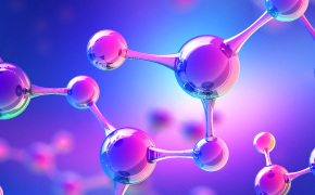 A digital illustration of a molecule model with spherical atoms connected by rods, representing bonds, against a gradient blue and purple background.