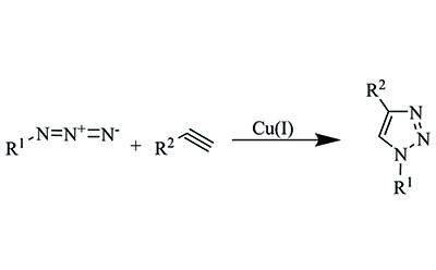 This example of click chemistry scheme shows the Copper(I)-catalyzed Azide-Alkyne Cycloaddition (CuAAC)of alkynes to azides to form 1,4-disubsituted-1,2,3-triazole