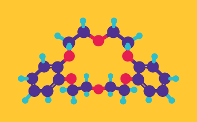 Ball-and-stick model of dibenzo-18-crown-6 molecular structure on yellow background. Purple balls represent carbon atoms, cyan balls represent hydrogen atoms, and red balls represent oxygen atoms. The molecule displays a large, intricate three-dimensional structure with multiple interconnected rings and branching chains throughout.