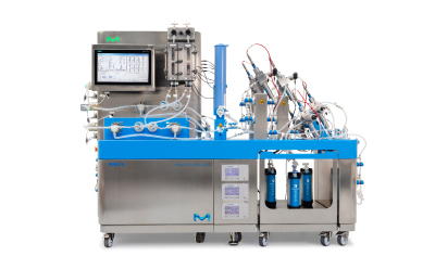 Chromatography system with integrated control interface, pumps, and filtration components used for bioprocess purification.