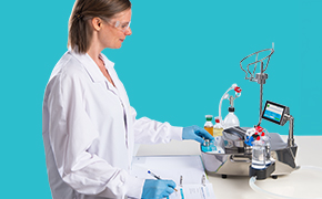 Performance qualification of the Steritest Symbio pump Operator performing a performance qualification of the Steritest Symbio pump for Sterility Tests