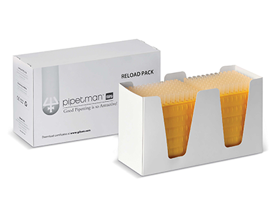 Two cardboard boxes, one open and containing stacks of pipette tips in yellow trays.