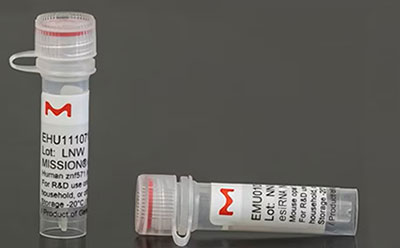 The image depicts two clear plastic sample tubes with red screw caps. Each tube bears a prominent red “M” logo at the top. 
