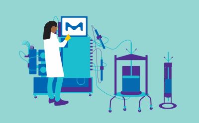 Flexibility and scalability Illustration showing an operator in the lab working on a chromatography system, a lab-scale chromatography column and a process-scale chromatography column to illustrate the flexibility and scalability offered by our chromatography system offering.