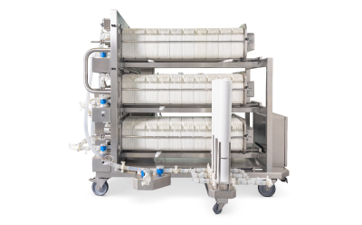 Clarification filtration system with multiple filter holders mounted on a mobile stainless-steel frame.