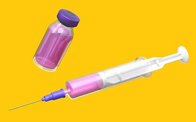 Parenteral Formulations Vial and syringe with pink liquid inside falling on yellow background