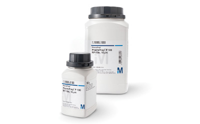 Reverse Phase/Normal Phase Chromatography Resins Two bottles of chromatography resins, one small and one large, labeled for reverse phase/normal phase applications, with a white and blue label design featuring the ‘M’ logo.