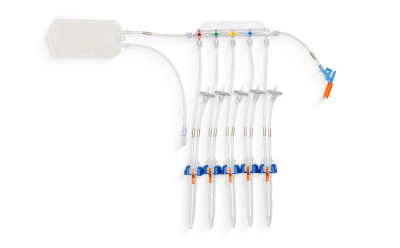 NovaSeptum® Conical Tube Unit Sterile multi sampling system with five manifolded conical tubes. Large drainage bag at one end and tubing at other end of unit.