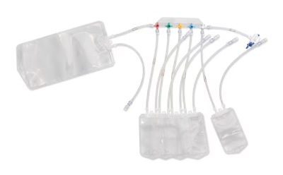 NovaSeptum® SURe High Purity Bag Sterile sampling system with five manifolded plastic bags connected to a holder.