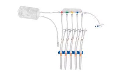 NovaSeptum® Conical Tube Unit Sterile sampling system with five manifolded conical tubes. Large drainage bag at one end and tubing at other end of unit.