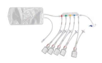 NovaSeptum® SURe Bottle Sampling Unit Sterile sampling system with five manifolded plastic bottles. Large drainage bag at one end and tubing at other end of unit.