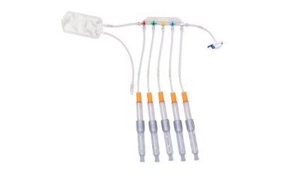 Exemplary containers intended to be used with the NovaSeptum® SURe sampling system: five manifolded syringes with a large drainage bag at one end and tubing at other end of unit.