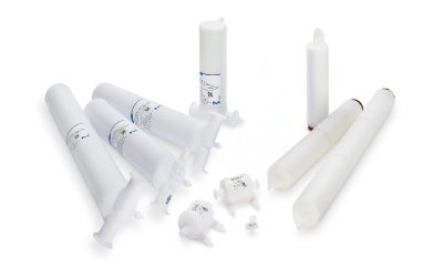 Milligard® PES membrane filters in various formats and sizes, including large-scale T-line capsules (left), small-scale process development capsules (center), and cartridge filters (right) for diverse bioprocessing applications.