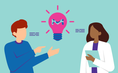 Support and expertise Illustration of a male customer talking to a female scientist who provides support and expertise