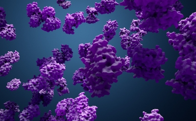 Protein Enzyme Rendu 3D de nombreuses structures protéiques violettes de forme irrégulière flottant sur un fond bleu foncé, créant une représentation dynamique et abstraite de la biologie moléculaire.