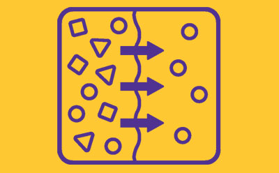 a vibrant yellow background with a centered purple square that has rounded corners. Inside the square, there is a symmetrical design with three horizontal arrows: one at the top pointing to the left and right, one in the middle pointing to both sides from the center, and one at the bottom mirroring the top arrow. A vertical line runs down from the top to bottom arrow through their points of symmetry. Scattered around these arrows are geometric shapes: circles and diamonds or rhombuses.