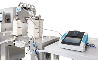 Virus filtration system with integrated monitoring equipment and analytical instrument used for viral clearance in biopharmaceutical manufacturing.