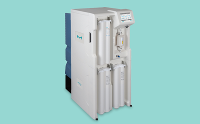 Milli-Q® CLX 7 series water purification system with a white exterior, multiple cylindrical filtration cartridges, and a digital display panel on the top right, set against a light turquoise background