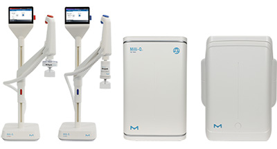 Type 1 and Type 2 water purification system with production and tank units plus pure and ultrapure water dispensers. A combination of purification technologies: pre-filtration, reverse osmosis, electrodeionization, UV, and final filtration.