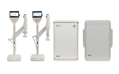 Three Milli-Q® Benchtop Lab Water Purification Systems. Milli-Q® IQ 7003/05/10/15 Ultrapure and Pure Water Purification System - Type 1 and Type 2 lab water purification system with production and tank units plus pure and ultrapure water dispensers. From left to right, the first two systems have a similar design with a base, an upright structure with a digital display at the top, and an adjustable dispensing arm. The third system is more compact and box-like, without a dispensing arm.