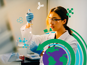 A scientist in a lab coat and blue gloves holds a pipette, alongside graphic illustrations of an Earth globe and circular design elements in the foreground