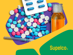 A bright yellow background with an abstract green and blue shape in the foreground. In the upper left, a purple tray overflows with assorted colorful pills, tablets, and a blister pack; a small amber bottle sits nearby. The brand "Supelco" is visible in the bottom right.
