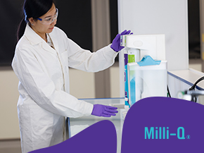 Laboratory scene with a scientist in a white lab coat and purple gloves operating a Milli-Q water purification system; purple graphic overlay in the foreground.