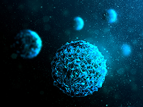 Abstract scientific image showing several blue, spiky spherical structures floating in a dark, space-like background with scattered glowing particles.