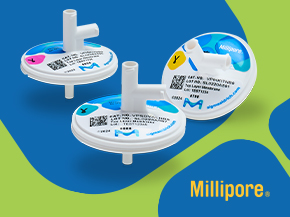 Three white circular lab components with a vertical connector stem on each, featuring blue and white labels (MilliporeSigma) and QR codes