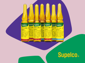 Stylized image of five Supelco® laboratory reagent vials arranged against purple and yellow geometric shapes, with the Supelco® logo in the lower right.