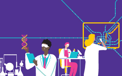 Biotechnology Partner Programs A vector illustration of multiple scientists in a biotech lab collaborating around lab equipment, DNA helix imagery, and computer screens against a purple and blue background, conveying a biotech partnership program.